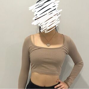 Aeropostale Ribbed Beige Long Sleeve Crop Top